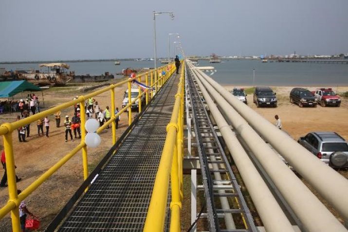 Aerial view of the new and modern fuel unloading facilities at the Freeport of Monrovia Jetty 